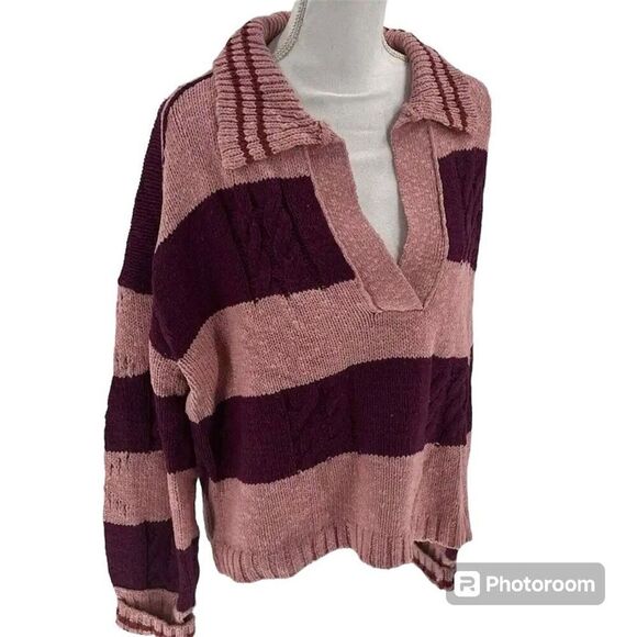 ✨Free People Pembrook Sz Medium Sweater in Moody Pink Combo Striped Cotton✨ - Picture 7 of 12